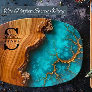 May include: A wooden serving tray with a turquoise and gold resin inlay. The tray has a natural wood edge and is personalized with the letter "S" and the name "STONE".