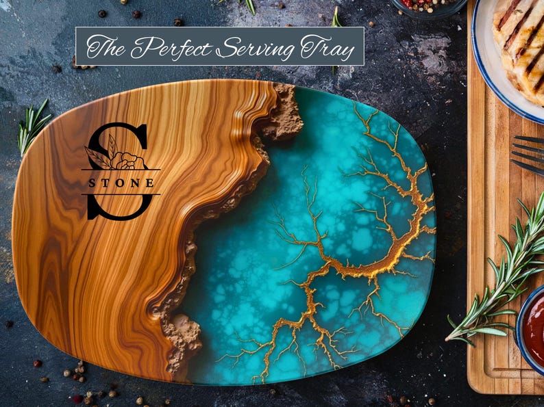 May include: A wooden serving tray with a turquoise and gold resin inlay. The tray has a natural wood edge and is personalized with the letter "S" and the name "STONE".