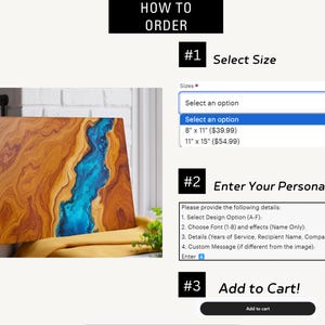 May include: A wooden cutting board with a blue resin inlay. The board is available in two sizes: 8 inches by 11 inches or 11 inches by 15 inches. The board can be personalized with a font and design option, a custom message, and details like years of service, recipient name, company name, and date.