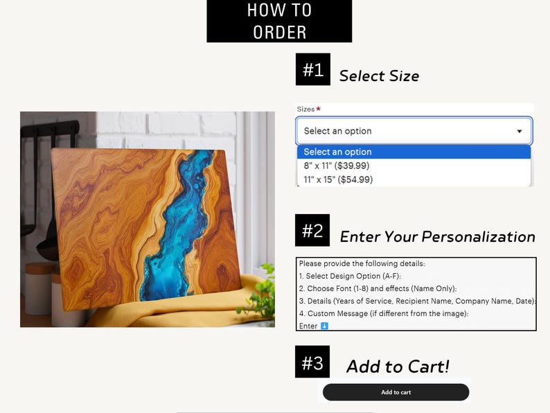 May include: A wooden cutting board with a blue resin inlay. The board is available in two sizes: 8 inches by 11 inches or 11 inches by 15 inches. The board can be personalized with a font and design option, a custom message, and details like years of service, recipient name, company name, and date.