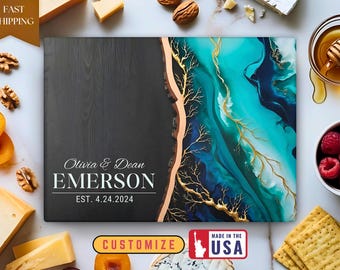 Personalized Glass Charcuterie Board, Epoxy Resin Style Cutting Board, Coastal Kitchen Decor, Wedding & Realtor Housewarming Gifts with Name