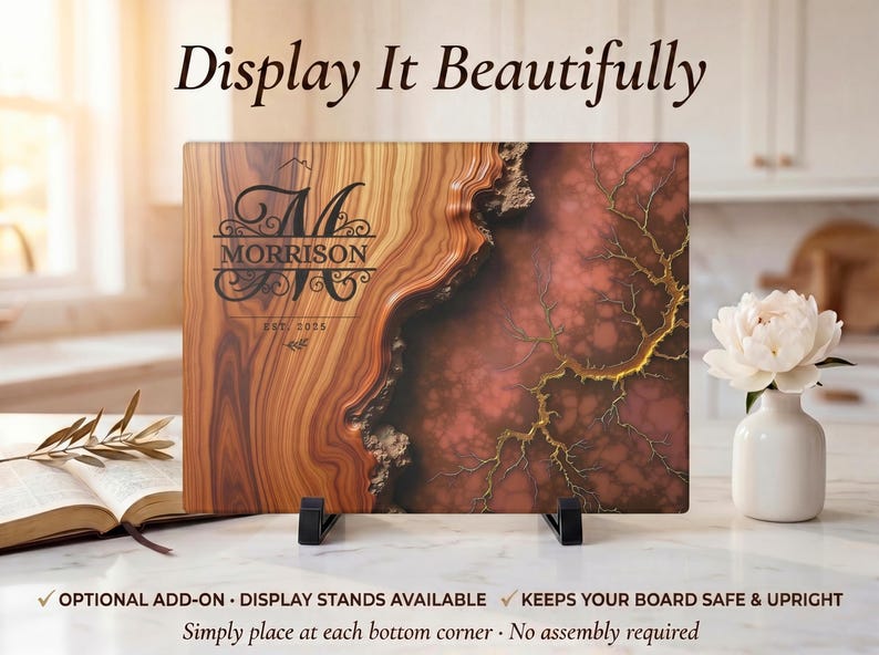 May include: A wooden cutting board with a unique design, featuring a blend of brown and red hues with a decorative pattern. The board is displayed on black stands, with the text "Display It Beautifully" at the top.