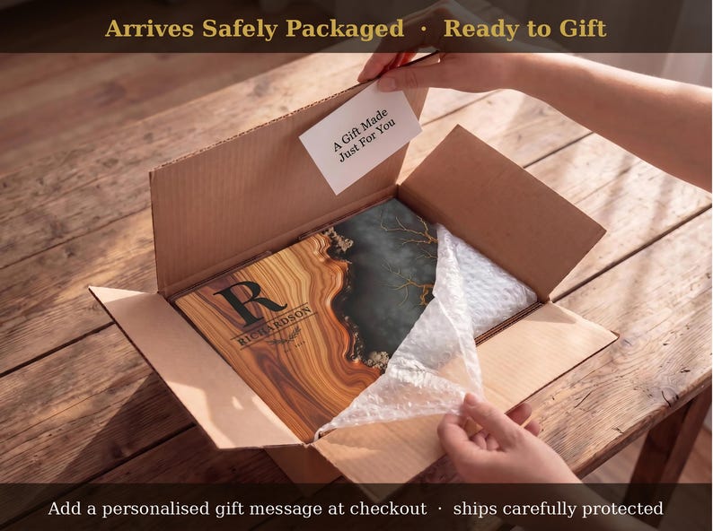 May include: A wooden gift inside a cardboard box, with the text "A Gift Made Just For You" on a tag. The gift has a wood grain design with the name "RICHARDSON" on it. The box is on a wooden surface.