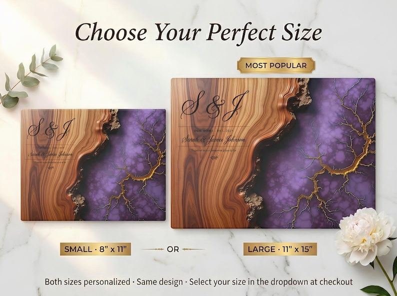 May include: Two wooden cutting boards with a personalized design. The boards feature a wood grain pattern with a purple and gold resin inlay. The smaller board measures 8" x 11", and the larger one is 11" x 15". The text "Choose Your Perfect Size" is at the top.