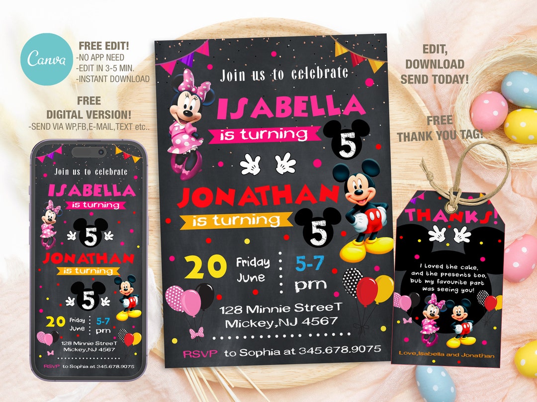 Editable Mickey and Minnie Birthday Invitation Template, Printable ...