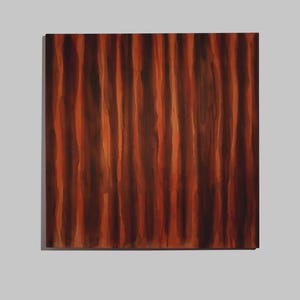 May include: A square painting with a wood grain design. Vertical lines of varying shades of brown and orange create a textured, natural appearance. The artwork is displayed against a neutral gray background.