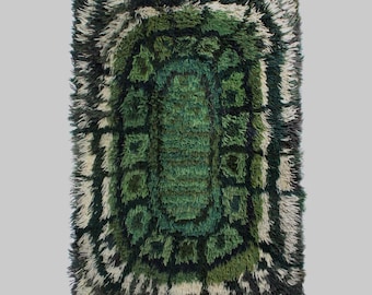 Geometric Swedish Rya Wool Rug In Green Tones, 80x150cm