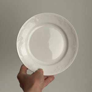 Może przedstawiać: Biały ceramiczny talerz z dekoracyjnym kwiatowym wzorem na obrzeżu. Talerz jest okrągły i ma lekko podniesioną krawędź. Talerz jest trzymany przez dłoń na neutralnym tle.