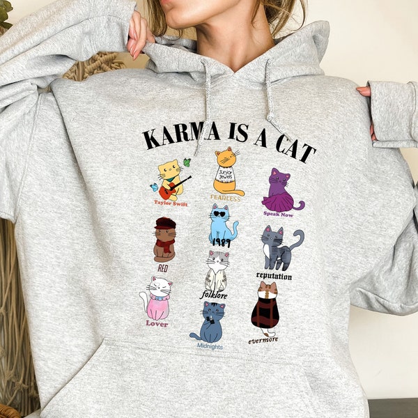 Karma Is A Cat, Music Albums As Books Sweatshirt, Fan Shirt, Music Hoodie, Music Fan Album Sweatshirt, Taylor Eras Cat Sweatshirt TS Gift