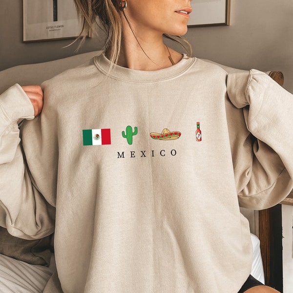 Mexico Flag Sweatshirt, Black, Beige, Crewneck, Flag, Sombrero Mariachi, Hot Chili Pepper, Cactus, Cinco de Mayo, Dia De Los Muertos, Gift