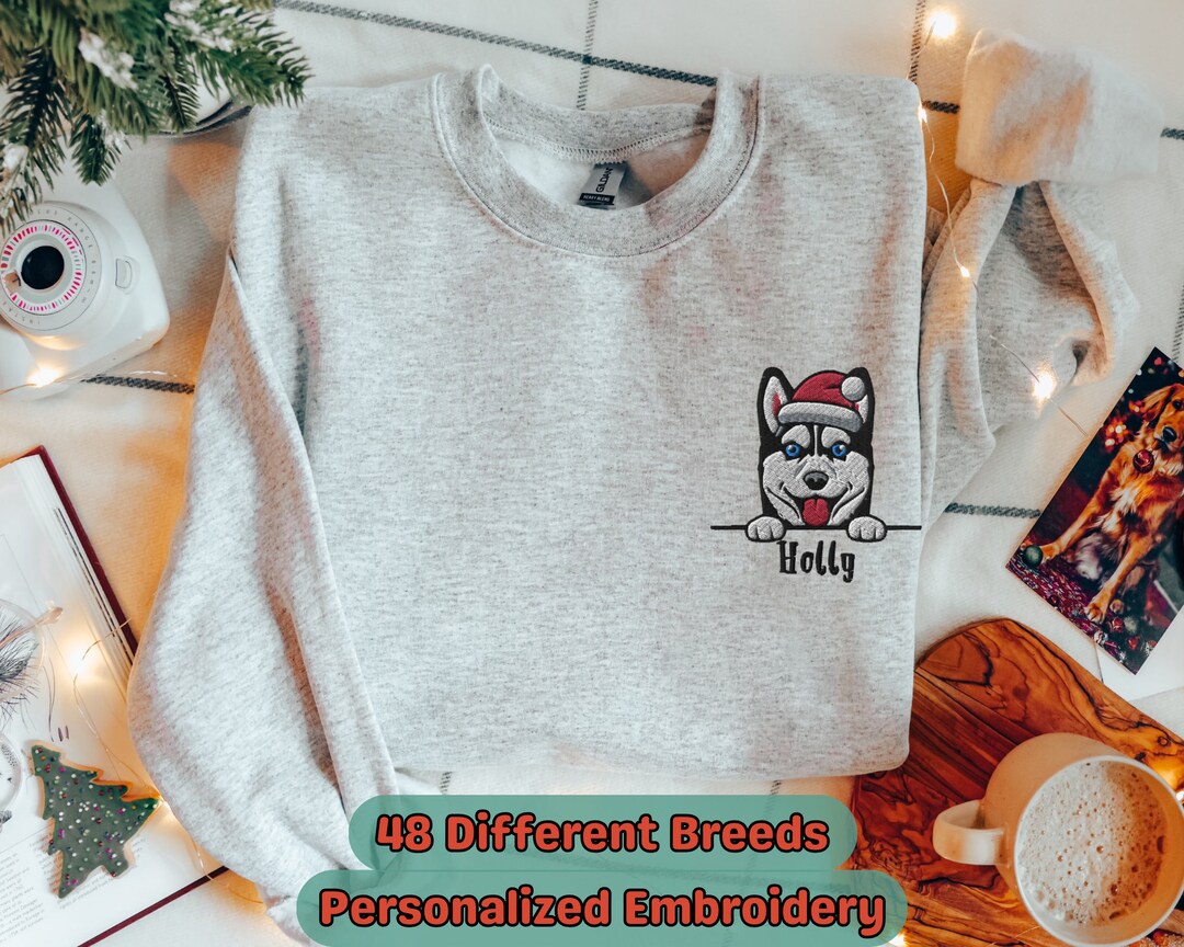 Custom Christmas Dog Embroidered Sweatshirt, Personalized Xmas Sweater, Pullover Crewneck for