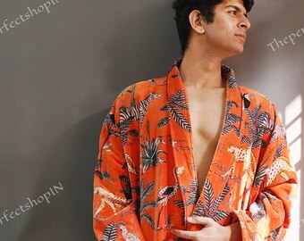 OFMD  Orange Tiger Cheeta  Fabric Kimono Cotton Velvet Robe Long, Original OFMD break up robe Printed Kimono With Tassels