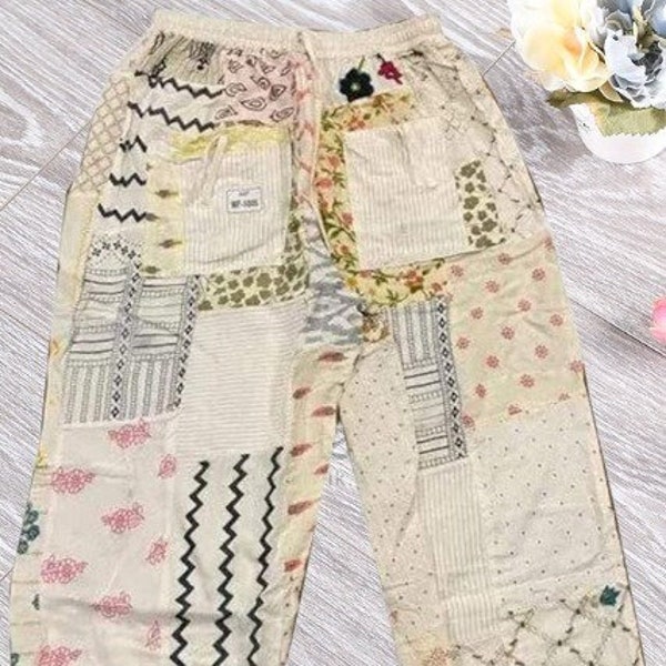 Sarouel en patchwork avec poches, sarouel hippie bohème en rayonne, pantalons d'été pour femme, vêtements de festival