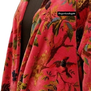 Pink Bird Velvet Banyan Fabric Kimono Cotton Velvet Robe Long, Original OFMD break up robe Printed Kimono With Tassels, Velvet Robe image 7