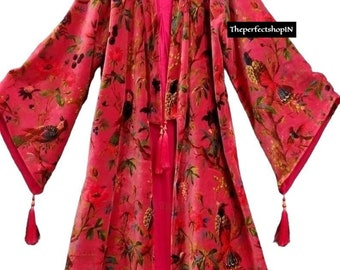 Pink Bird Velvet Banyan Fabric Kimono Cotton Velvet Robe Long, Original OFMD break up robe Printed Kimono With Tassels, Velvet Robe