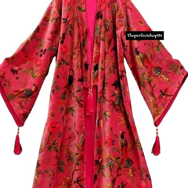 Pink Bird Velvet Banyan Fabric Kimono Cotton Velvet Robe Long, Original OFMD break up robe Printed Kimono With Tassels, Velvet Robe