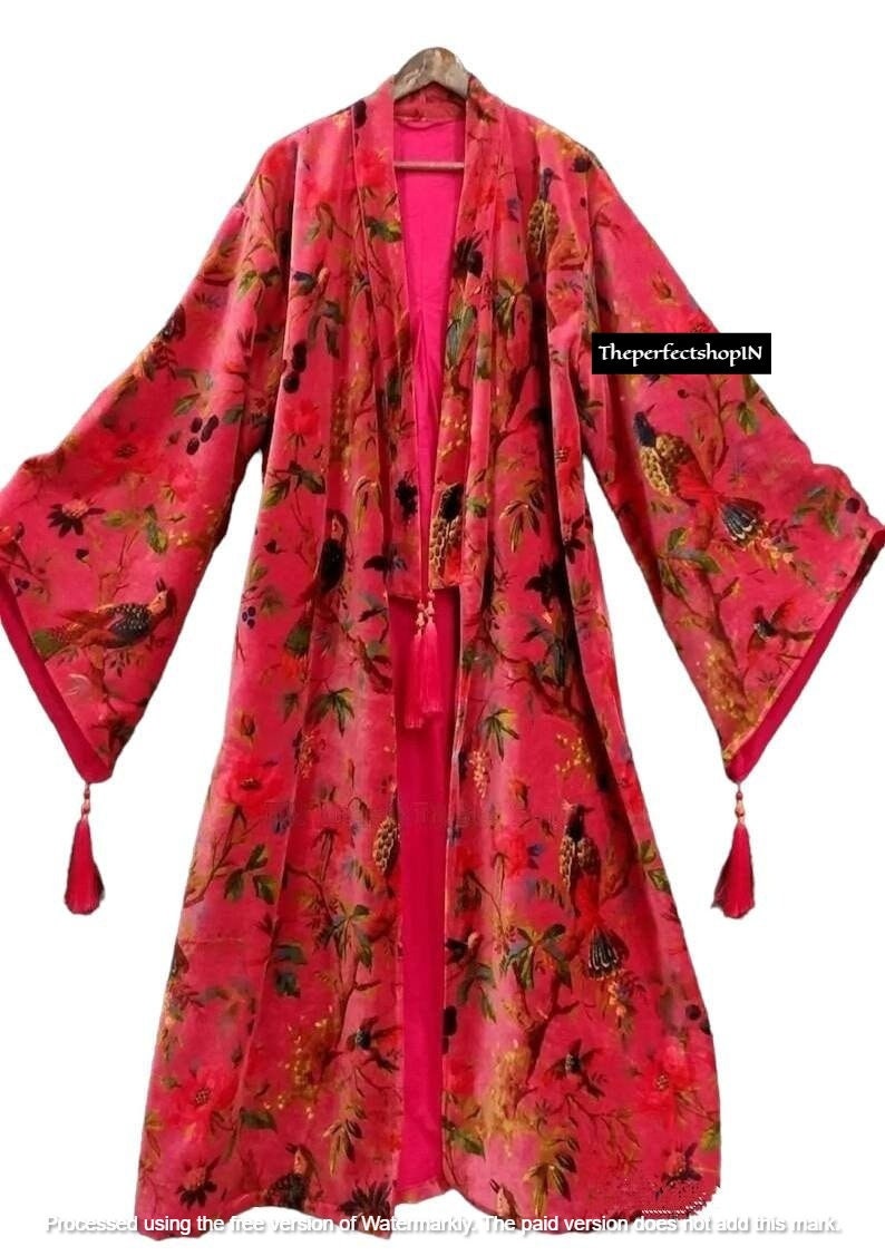 Pink Bird Velvet Banyan Fabric Kimono Cotton Velvet Robe Long, Original OFMD break up robe Printed Kimono With Tassels, Velvet Robe image 1
