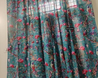 Tropical Rainforest Boho Curtains,Bird Of Paradise Teal Blue Cotton Country Farmhouse Drapes Electric Boho Decor.