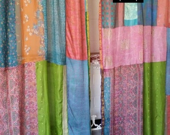 Indian Vintage Old Silk Sari Multi color Handmade Patchwork Door Drape Window Home Decor Recycled Curtain