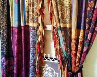 2 pièces de rideau indien sari rideau en soie sari rideau bohème rideau gitane rideau ethnique suspendu rideau hippie bohème