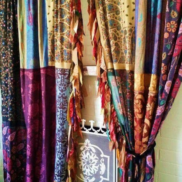 2 Pcs Of Indian Curtain Saree Silk Curtain Sari Boho Curtain Gypsy Curtain Ethnic Wall Hanging Curtain Hippy Bohemian Curtain
