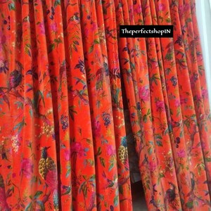 VintageCotton Velvet Coral Orange Color Bird Print luxury Curtain , Boho Curtain, luxury Drapes Housewarming Gift.