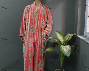 OFMD Orange Cheeta Fabric Kimono Cotton Velvet Robe Long, Original OFMD break up robe Printed Kimono With Tassels