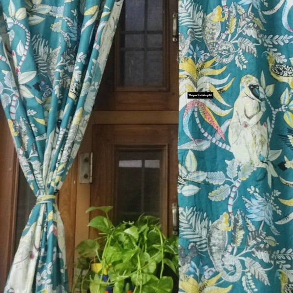 Teal Green Tropical Cotton Curtain,Set Of Two Curtains, Tropical Wild Monkey Print, Colourful Drapes, Rainforest Animal Print, Jungle Print