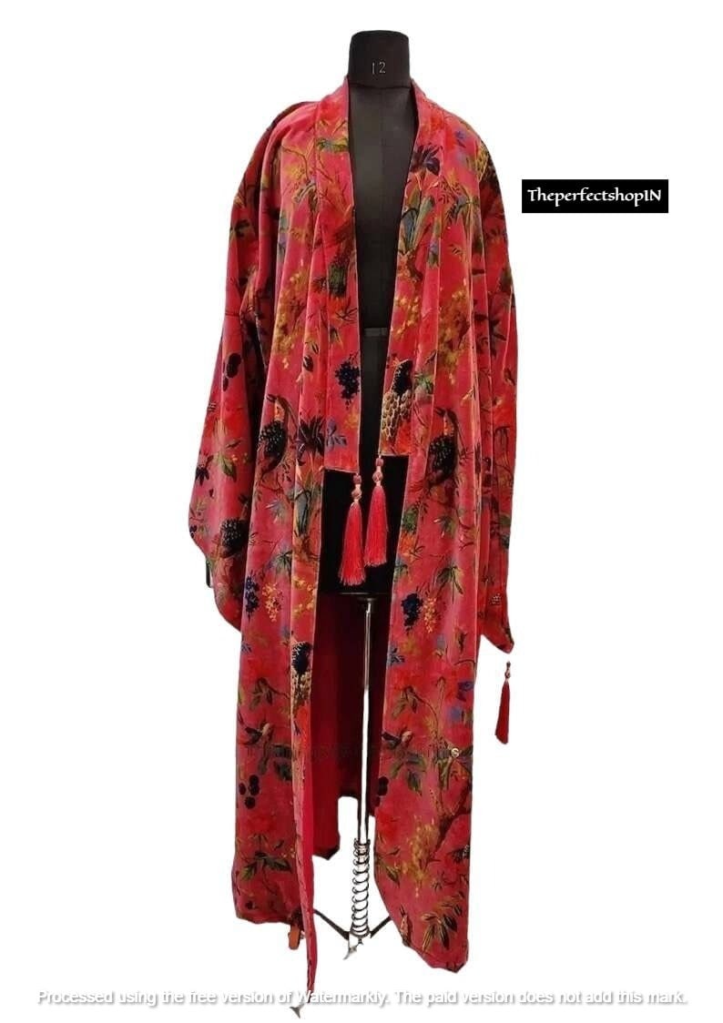 Pink Bird Velvet Banyan Fabric Kimono Cotton Velvet Robe Long, Original OFMD break up robe Printed Kimono With Tassels, Velvet Robe image 2