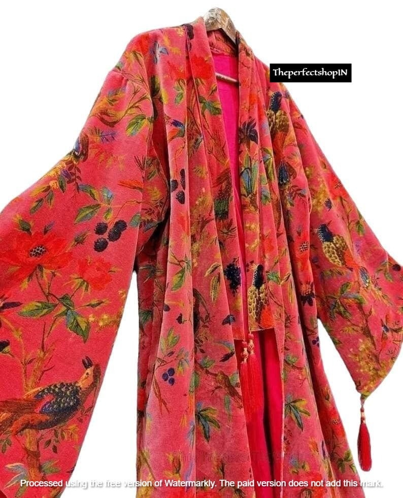 Pink Bird Velvet Banyan Fabric Kimono Cotton Velvet Robe Long, Original OFMD break up robe Printed Kimono With Tassels, Velvet Robe image 6
