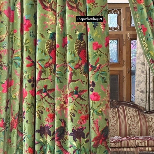 Vintage Cotton Velvet Olive Green Bird Print luxury Curtain, Boho Curtain, luxury Drapes Housewarming Gift.