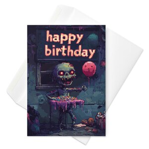 Zombie Party - Cartão de Aniversário de Pixel Art Gótico | Zumbi Retro com Balão e Bolo | Cartão de Saudação Engraçado de Mortos-Vivos | Aniversário de Gamer