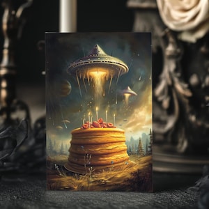 Galactische glazuur - ufo zweeft over enorme taart Verjaardagskaart, kosmische zoetwaren, Alien Party Invasion, verjaardagsgroet met ruimtethema