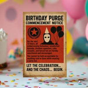 Aviso de Início de Limpeza de Aniversário – Cartão de Aniversário com Paródia Engraçada, Humor Caótico de Festa, Estilo de Pôster Retro