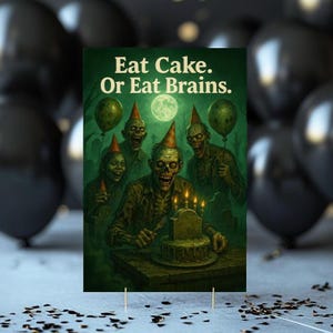 Mangez un gâteau ou mangez des cerveaux - Carte d'anniversaire zombie drôle, humour gothique, ambiance de fête morts-vivants, carte de voeux parodie