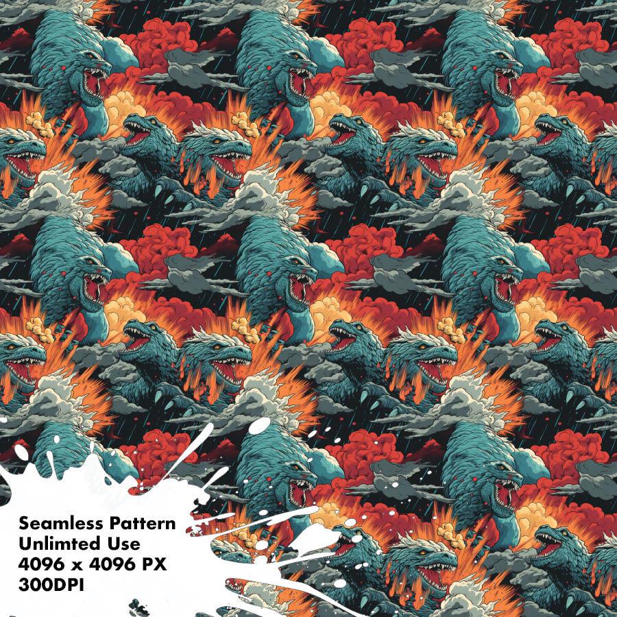 Colorful Godzilla Battle - Vibrant Digital Seamless Pattern for Crafts ...