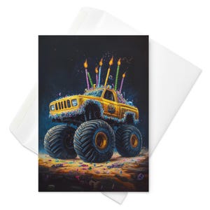 Monster Truck Madness-verjaardagskaart - kinderfeestplezier, kaarsen, gotisch offroad-avontuur
