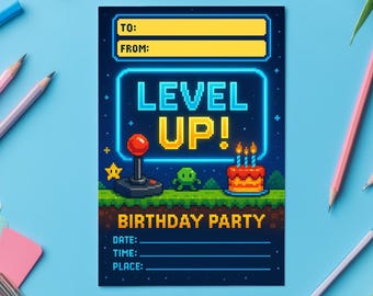 EVEL UP! Birthday Invite – Retro Gaming Party, Pixel Style, Digital Download, Parody Printable
