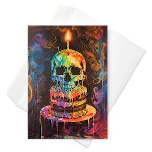 Spectral Rainbow Bash - Cartão de aniversário gótico, extravagância de bolo com cobertura de caveira, saudação de celebração colorida e macabra