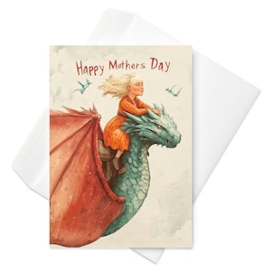 Maman liée au ciel - carte de fête des mères fantastique, art du cavalier de dragon, cadeau unique pour maman, carte de voeux fantaisiste