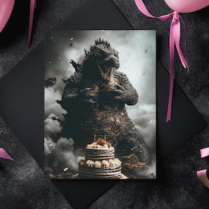 Cakezilla Unleashed – Monster Birthday Card, Kaiju Parody Art, Digital Download, Printable DIY