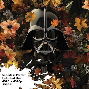 May include: A seamless pattern featuring Darth Vader's helmet surrounded by colorful flowers. The helmet is black and shiny, with intricate details. The flowers are in shades of orange, yellow, and pink. The text "Seamless Pattern Unlimited Use 4096 x 4096px 300DPI" is at the bottom.