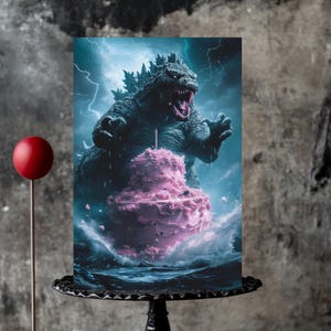 Godzilla Birthday Bash - carte de célébration de gâteau Monster Roar, fête surprise épique, voeux uniques sur le thème des dinosaures