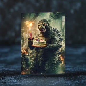 Blowoutzilla – モンスターバースデーカード、パロディ怪獣ケーキアート、デジタルダウンロード、DIY印刷可能