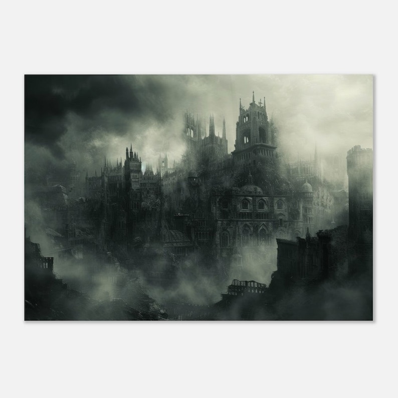Gothic Horror Cityscape Art Print, Dark Urban Fantasy, Spooky Skyline, Eerie Metropolis Poster, Mysterious Night Scene, Creepy Urban Decor A2 (42 x 59.4  cm)