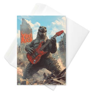 Godzilla Rocks - grappige "You Rock"-kaart, Kaiju-gitarist, epische rock & roll-groet, cadeau muziekliefhebber