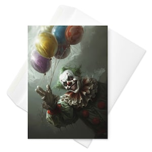 Sombras de balão - cartão de aniversário inspirado em 'It' gótico, celebração multicolorida misteriosa, surpresa de palhaço assustador, aniversário de terror exclusivo