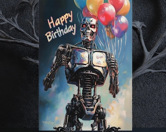 May include: A birthday card featuring a robot holding colourful balloons with the text "Happy Birthday" on the front.