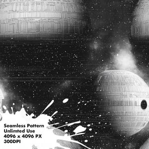 May include: A black and white seamless pattern featuring two large, round, textured objects against a starry background. The objects resemble the Death Star from the Star Wars franchise.