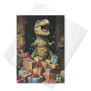 Tarjeta de cumpleaños T-Rex Party King - Celebración de dinosaurios, frenesí presente prehistórico, saludo de cumpleaños divertido, niños y adultos